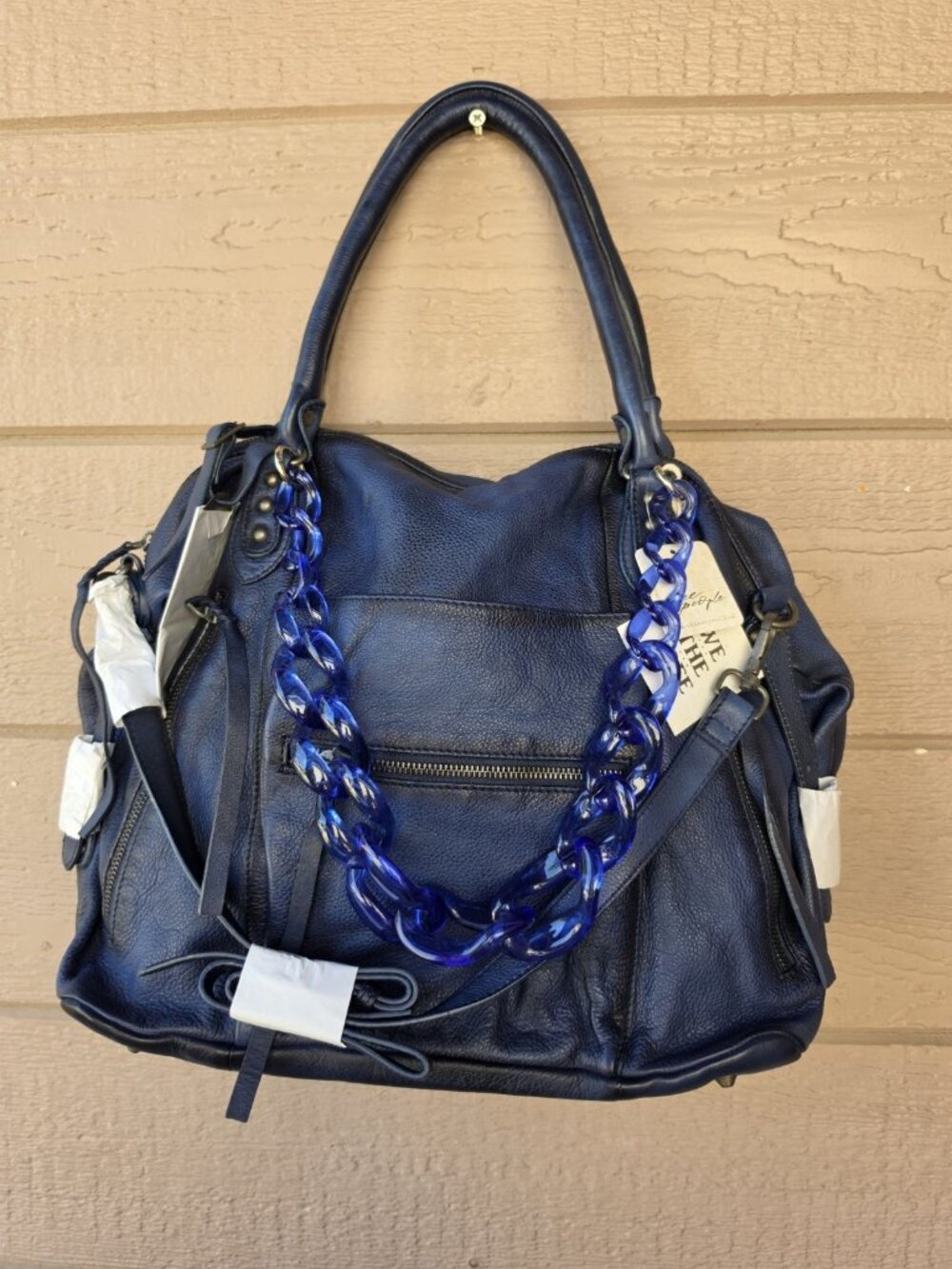 Free People Large Emerson Tote Dark Rinse Navy Leather Shoulder Crossbody Bag - Picture 2 of 8